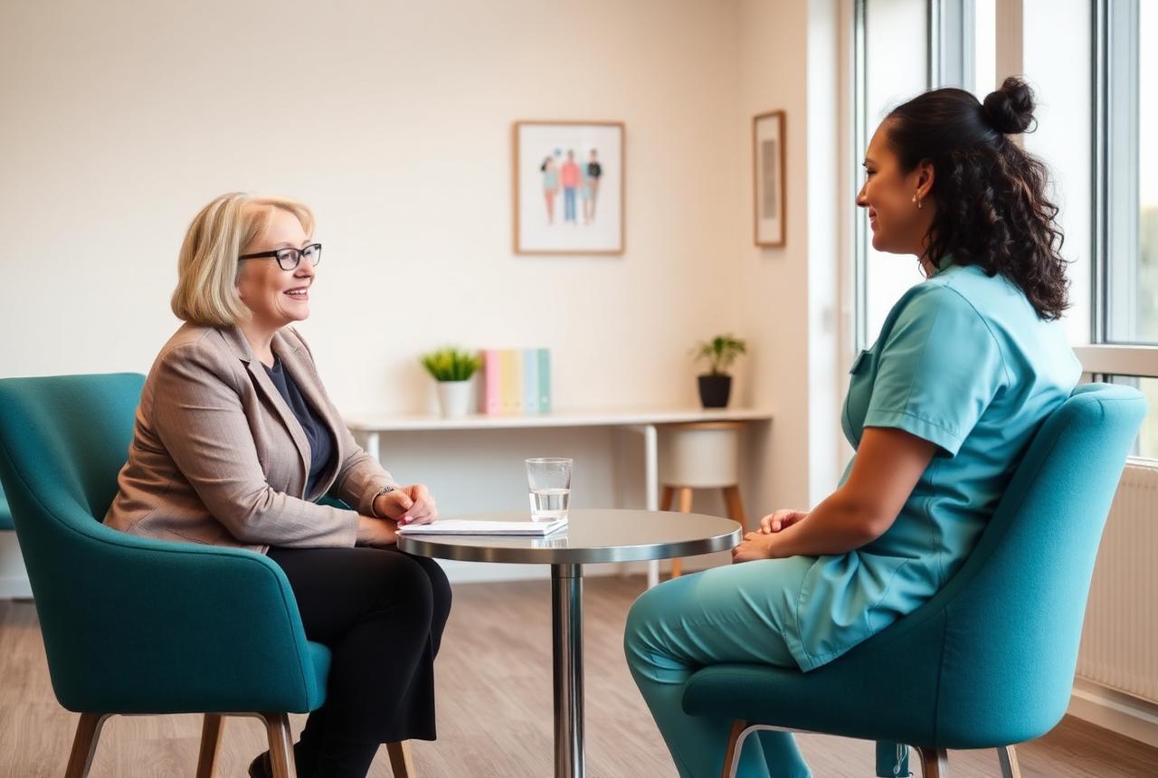 A care home manager interviewing a nurse candidate in a bright office