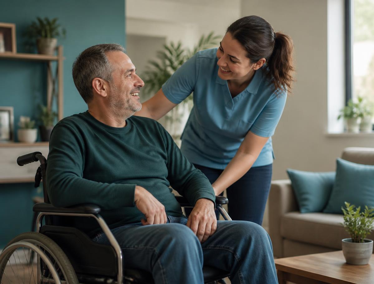 Support worker and resident together in a supported living home